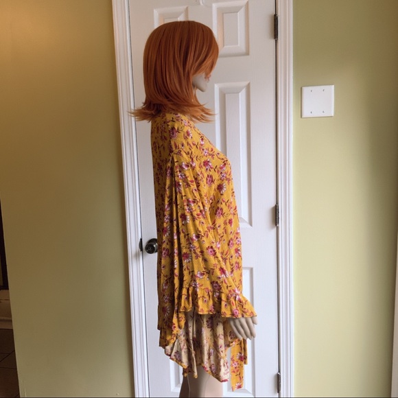 HPx2 Mustard Red Floral Tunic Relaxed Fit Ruffle Butterfly Sleeves Tie Waist SML - Picture 11 of 16